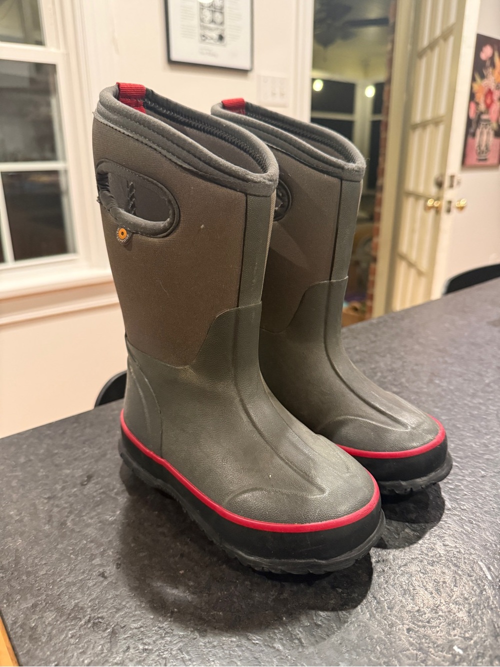 Bogs Kids Waterproof Winter Boots in Olive Green with Red Trim 11